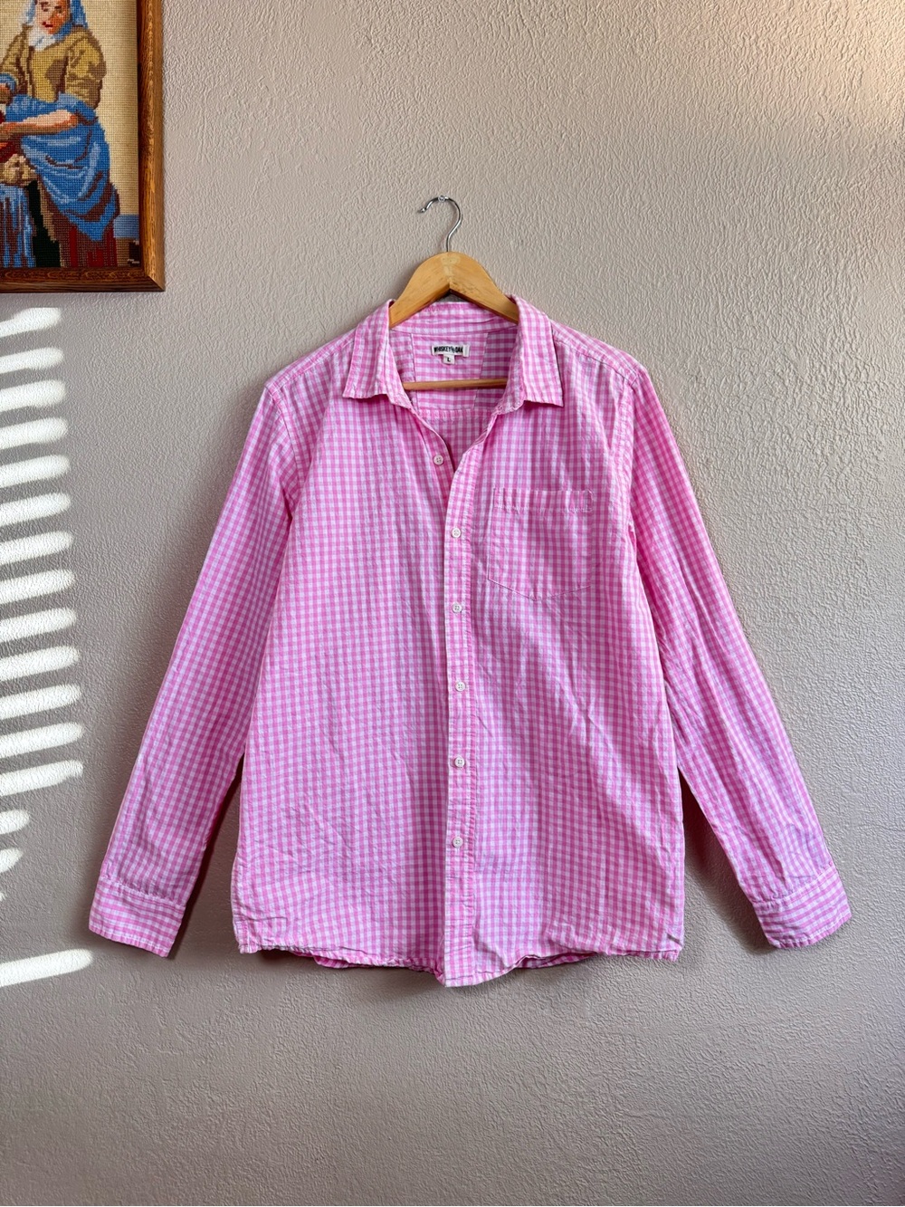 WHISKEY AND OAK Men's Pink Gingham Casual Long Sleeve Button-Down Shirt | Size L